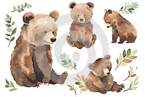 Set of little bear cub in different poses in style watercolor, cute and curious, white background