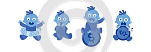Set of little blue toddlers on white. Baby and Money. Parents and their Child with Financial Problems, Broked. Vector illustration