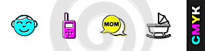 Set Little boy head, Baby monitor walkie talkie, Speech bubble mom and stroller icon. Vector