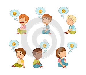 Set of little boys and girls with emojis in speech bubbles over of their heads. Kids imagination cartoon vector