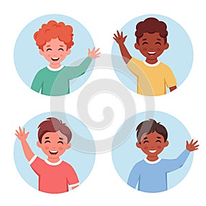 Set of little boys portraits in circular shape. Kids smiling and waving hand. Different nationalities children. Vector