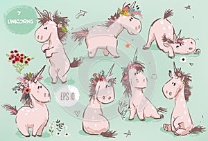 Set with little cartoon fairytale unicorn