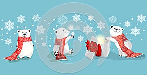 Set of little cute polar bears with red scarf and gift on blue bacjground with snowflake