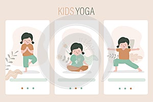Set of little girls in different asanas. Female characters practice yoga. Child sitting in lotus position. Kid standing in pose