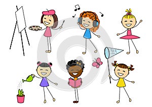 Set of little girls with different hobby