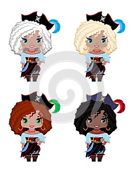 Set of little girls pirates of different races, hair and eye colors
