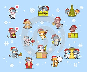 Set little oxes in santa hats happy new year banner 2021 greeting card cute cows mascot cartoon characters