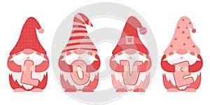 A set of little paunchy dwarfs in pink and red clothes and caps who hold the letters LOVE in their hands. Little bearded gnomes, photo