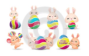 Set of Little Rabbit Bunny cartoon with Easter eggs, Happy Easter festival isolated on white  background vector illustration.