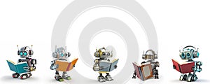 Set of little retro baby robots reading book on white background with clipping path