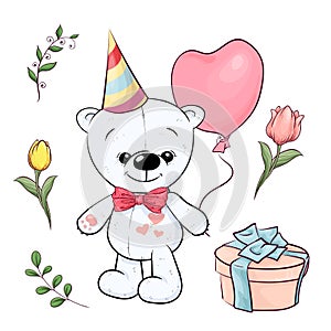 Set of little white teddy bear and flowers.