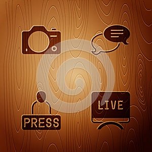 Set Live report, Photo camera, Journalist news and Speech bubble chat on wooden background. Vector