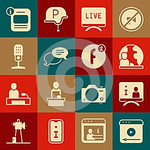 Set Live stream, Television report, World news, Speech bubble chat, Microphone, Information and Create account icon