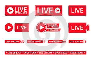 Set of live streaming icons. Red symbols and buttons of live streaming, broadcasting, online stream