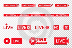 Set of live streaming icons. Red symbols and buttons of live streaming, broadcasting, online stream. Lower third template for TV,