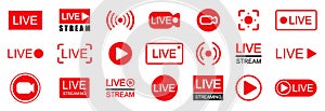 Set of live streaming icons. Set of video broadcasting and live streaming icon. Button, red symbols for TV, news, movies, shows