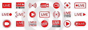 Set of live streaming icons. Set of video broadcasting and live streaming icon. Button, red symbols for TV, news, movies, shows photo