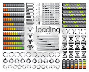 Set of loading bars, battery charge levels and wifi signal strength. Vector illustration.