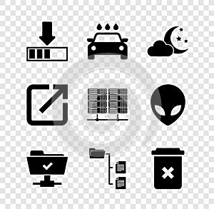 Set Loading, Car wash, Cloud with moon and stars, FTP operation successful, Folder tree and Trash can icon. Vector
