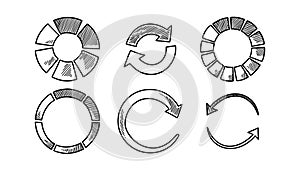 Set of loading circles in doodle style. Sketch download icon. Progress user interface infographic. Recycle symbol. Pie diagram