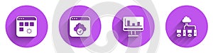 Set Loading data window, Cloud technology transfer, Monitor with graph chart and Computer network icon with long shadow
