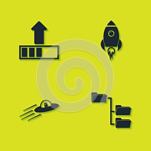 Set Loading, Folder tree, UFO flying spaceship and alien and Rocket with fire icon. Vector