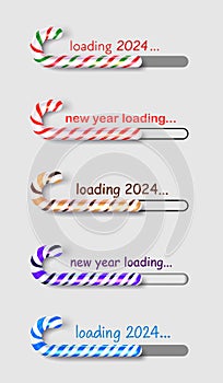 Set of loading progress bars 2024 New Year made of colorful bent curved candies on light background