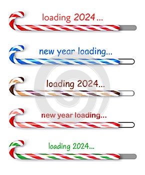 Set of loading progress bars 2024 New Year made of colorful bent curved candies on light background
