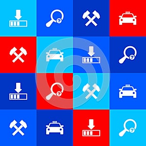 Set Loading, Unknown search, Two crossed hammers and Taxi car icon. Vector