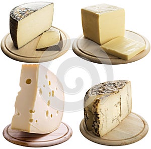 Set of loafs of emmentaler, cheese with truffles, manchego,Edamer, Mimollete isolated.