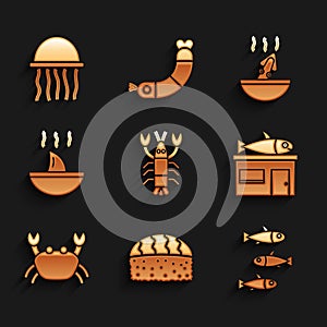 Set Lobster, Sushi, Fishes, Seafood store, Crab, Shark fin soup, Soup with octopus and Jellyfish icon. Vector