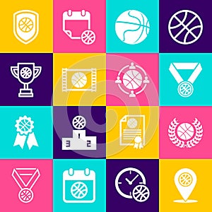 Set Location with basketball ball, Award, Basketball medal, game video, cup, Shield in the and Planning strategy icon