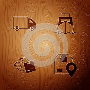Set Location with cardboard box, Delivery cargo truck, Carton and Cargo ship boxes delivery on wooden background. Vector