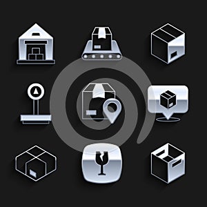 Set Location with cardboard box, Fragile broken glass, Carton, Scale, and Warehouse icon. Vector