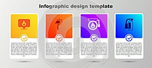 Set Location with fire flame, Firefighter axe, Ringing alarm bell and extinguisher. Business infographic template