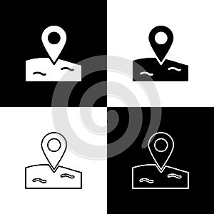 Set Location fishing icon isolated on black and white background. Fishing place. Vector