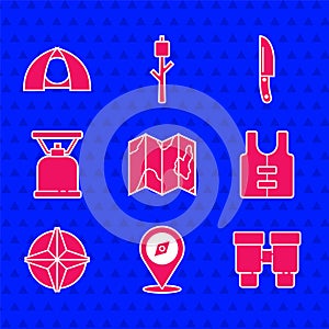 Set Location of the forest on map, Compass, Binoculars, Life jacket, Wind rose, Camping gas stove, Knife and Tourist
