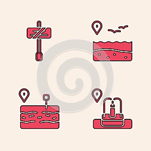 Set Location with fountain, Road traffic sign, beach and Broken road icon. Vector