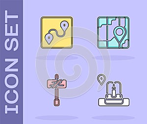 Set Location with fountain, Route location, Road traffic sign and City map navigation icon. Vector