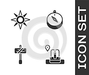 Set Location with fountain, Wind rose, Road traffic sign and Compass icon. Vector