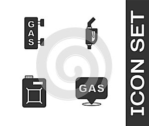 Set Location and gas station, Gas filling, Canister for motor oil and Gasoline pump nozzle icon. Vector