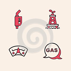 Set Location and gas station, Gasoline pump nozzle, Oil rig and Motor gauge icon. Vector