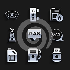 Set Location and gas station, Petrol or, Propane tank, Canister for motor oil, Oil rig, and Motor gauge icon. Vector