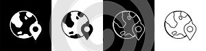 Set Location on the globe icon isolated on black and white background. World or Earth sign. Vector