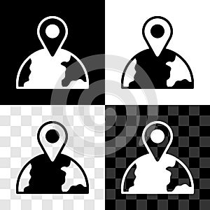 Set Location on the globe icon isolated on black and white, transparent background. World or Earth sign. Vector