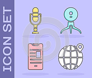 Set Location on the globe, Microphone, Online book on mobile and Web camera icon. Vector