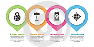 Set Location on the globe, Road traffic sign, City map navigation and World globe with compass. Business infographic