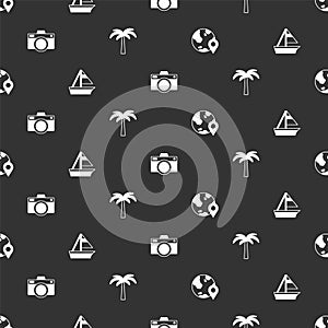 Set Location on the globe, Yacht sailboat, Photo camera and Tropical palm tree on seamless pattern. Vector