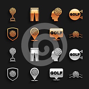 Set Location golf sport club, Golf, ball in water, label, with shield, Award cup and pants icon. Vector