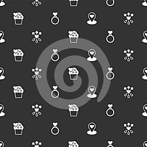 Set Location with heart, Amour and arrow, Wedding cake and rings on seamless pattern. Vector